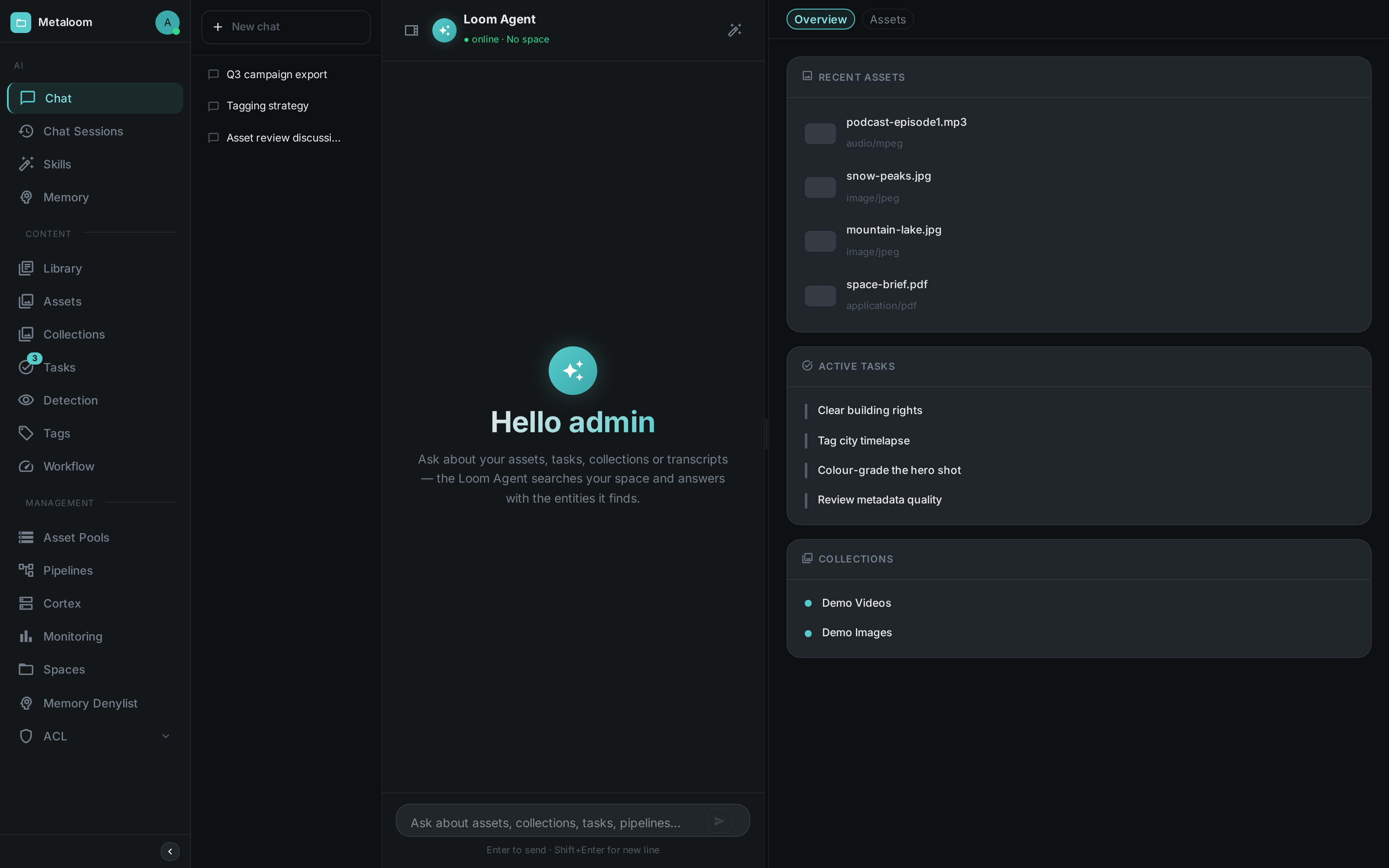 The Loom UI chat view after login