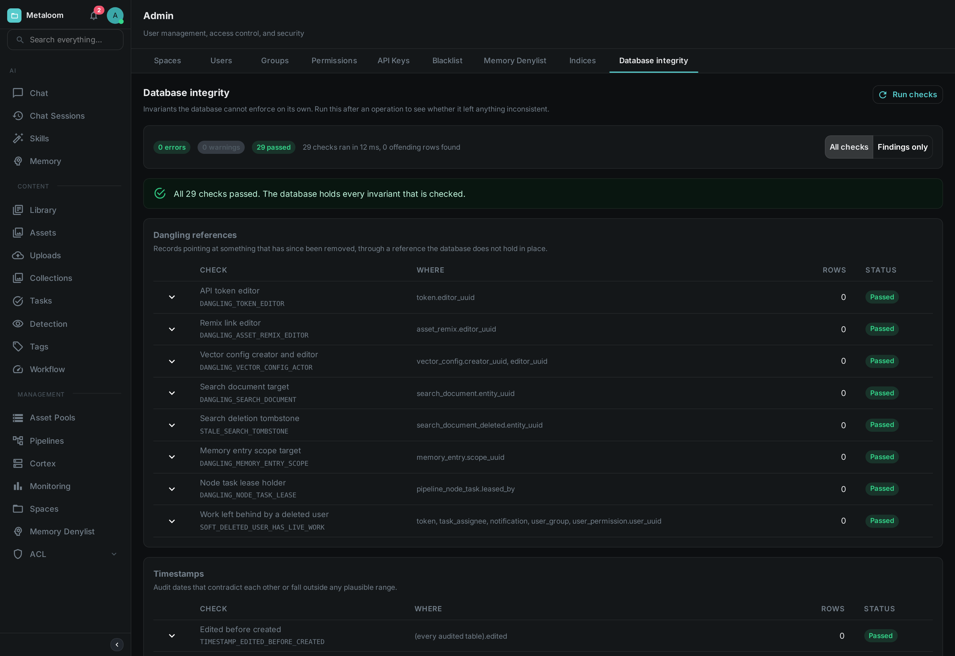 The Database Integrity screen on a healthy catalogue: a green summary