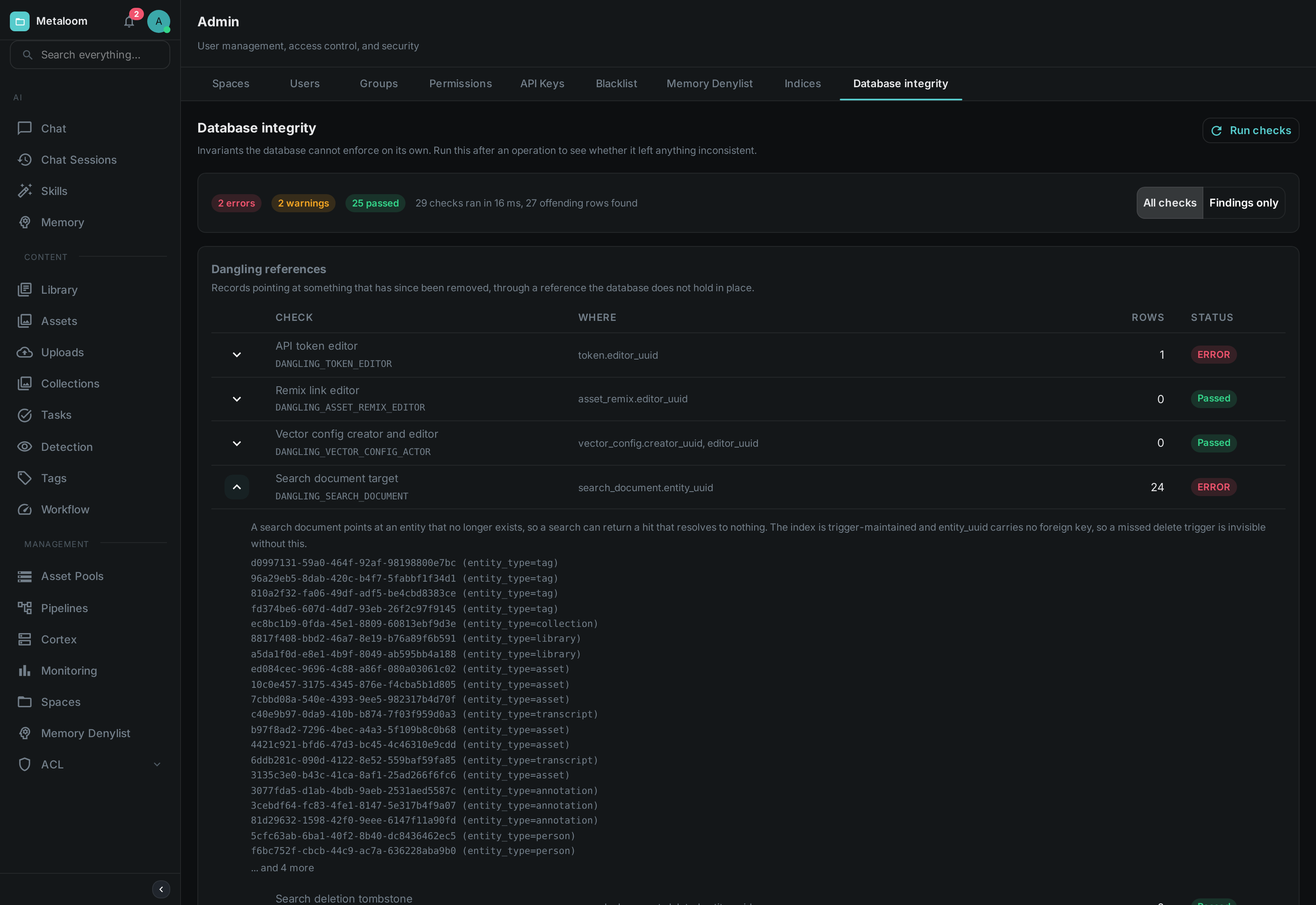 The Database Integrity screen with findings: two checks reporting rows