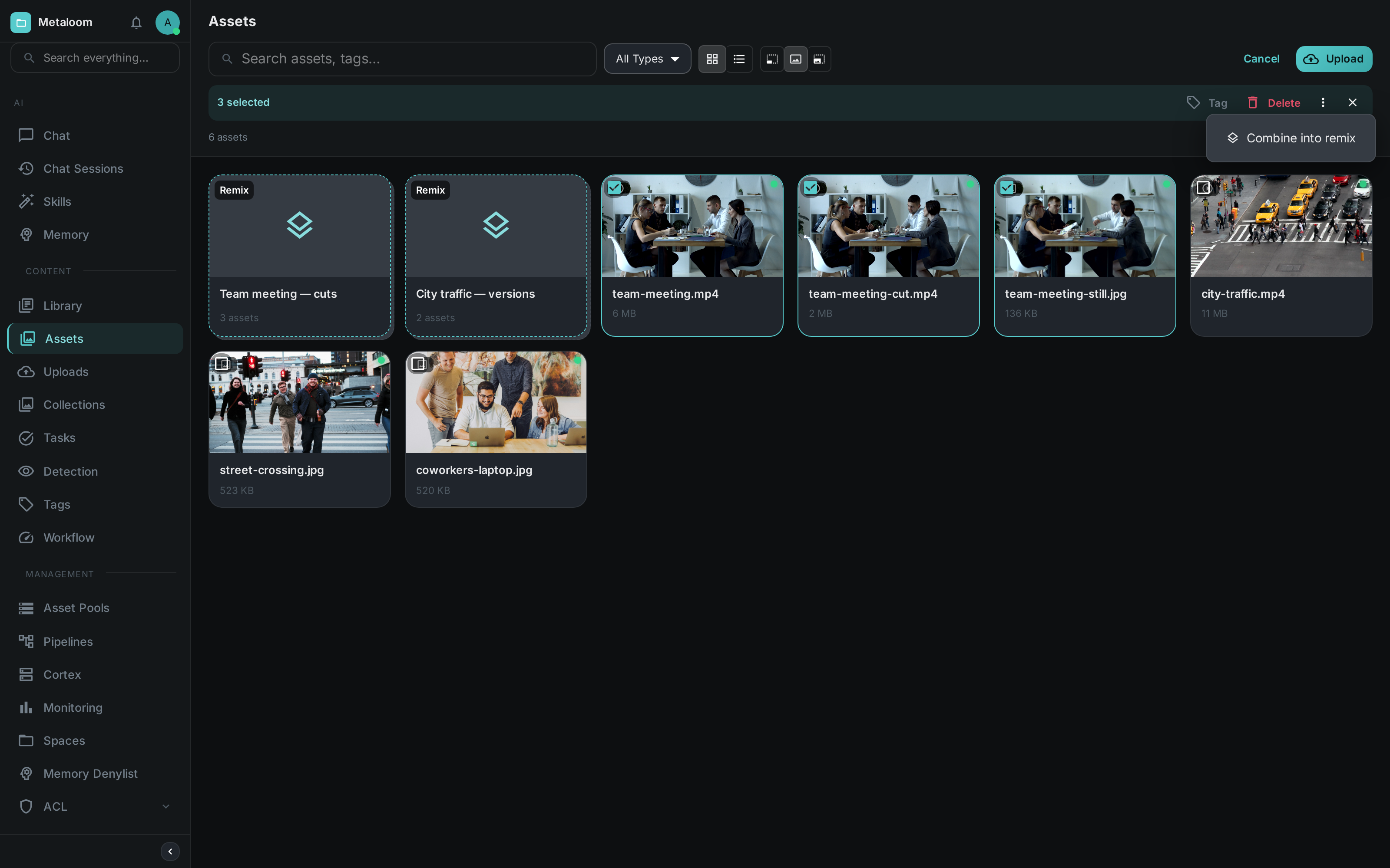 The selection bar with three assets selected and the overflow menu open