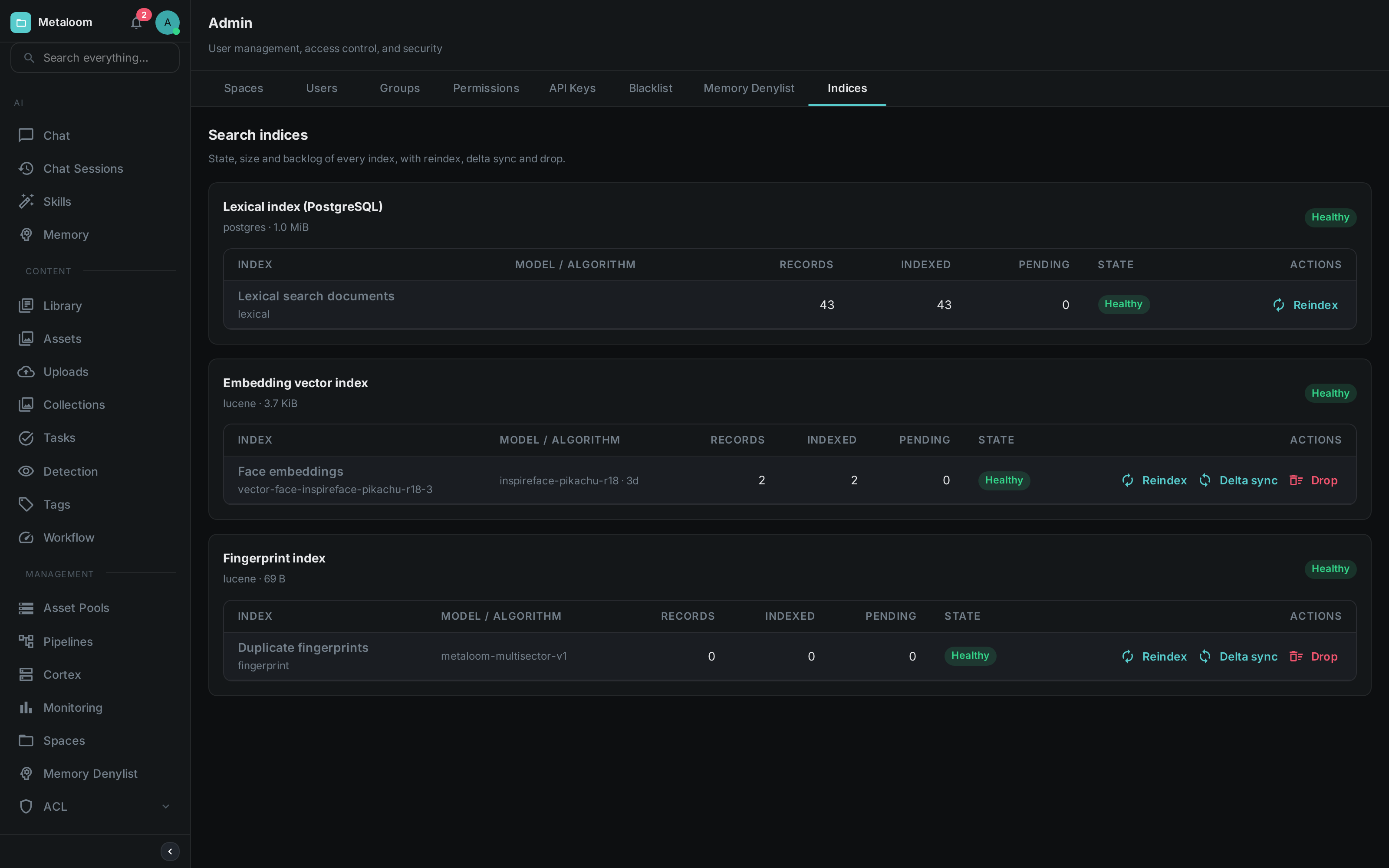 The search index admin screen listing every index grouped by storage backend