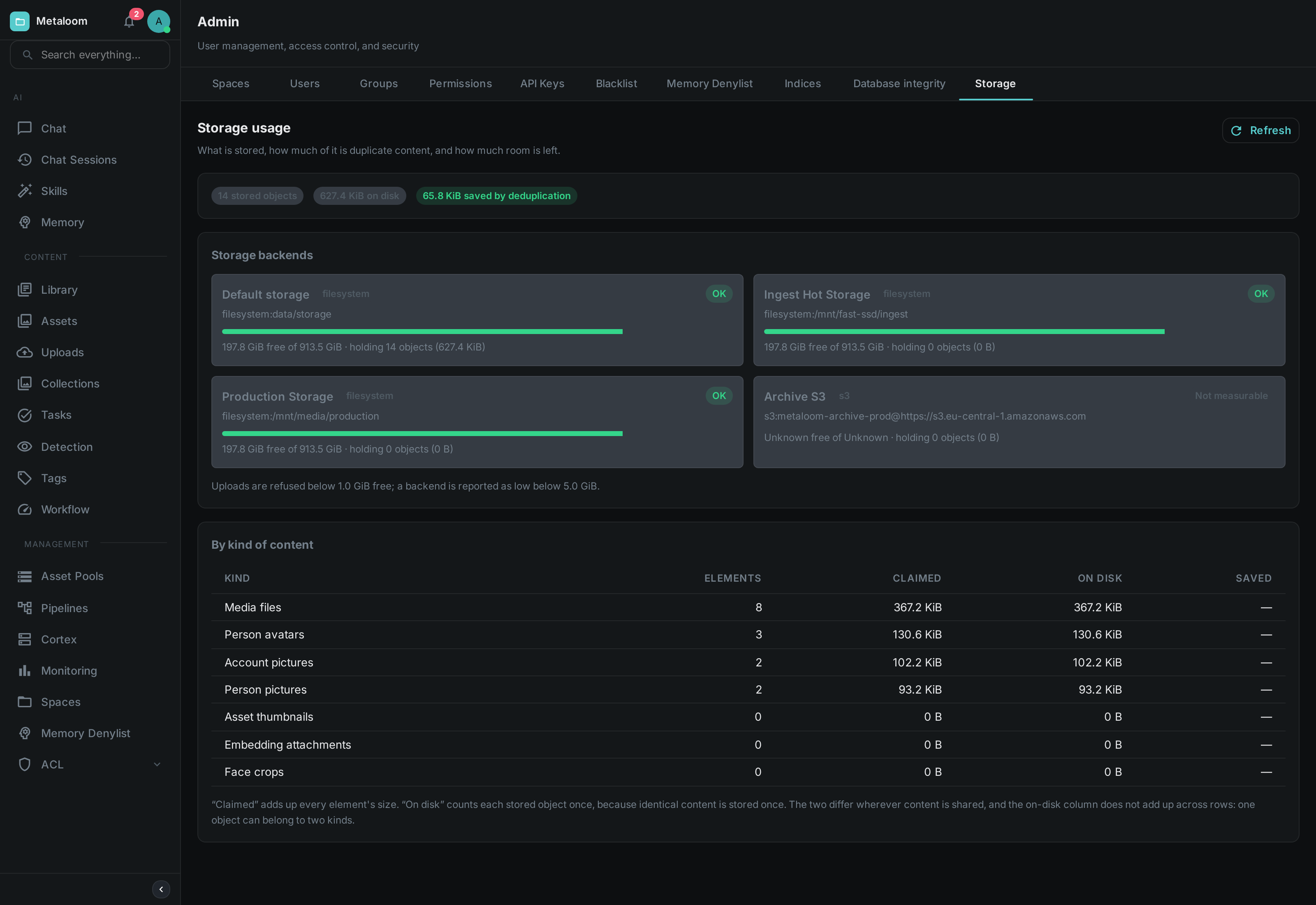 The Storage screen: a summary of stored objects and space saved