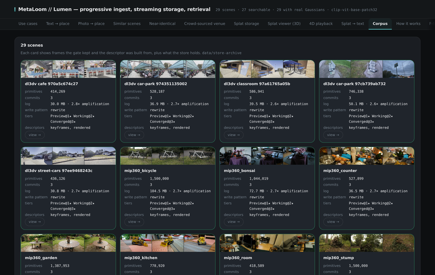 The Corpus tab listing every scene with its frames and store statistics