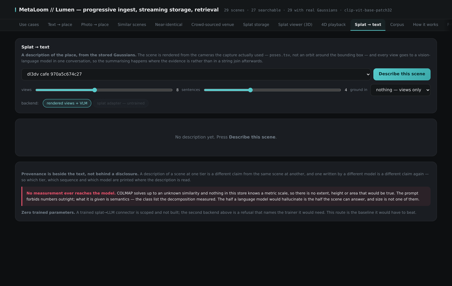 The Splat to text tab with a generated scene description