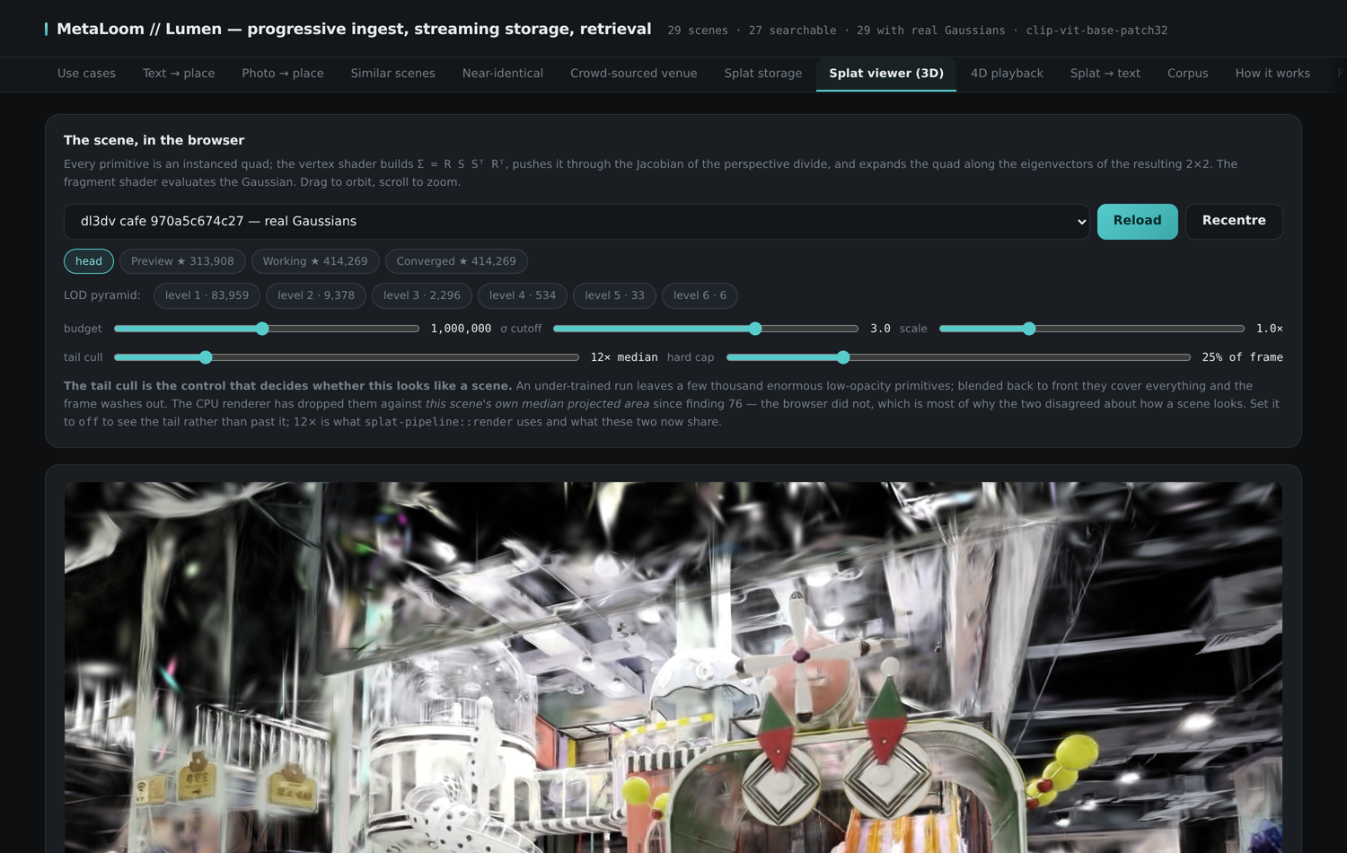 The Splat viewer tab rendering a reconstructed scene as Gaussian splats in WebGL