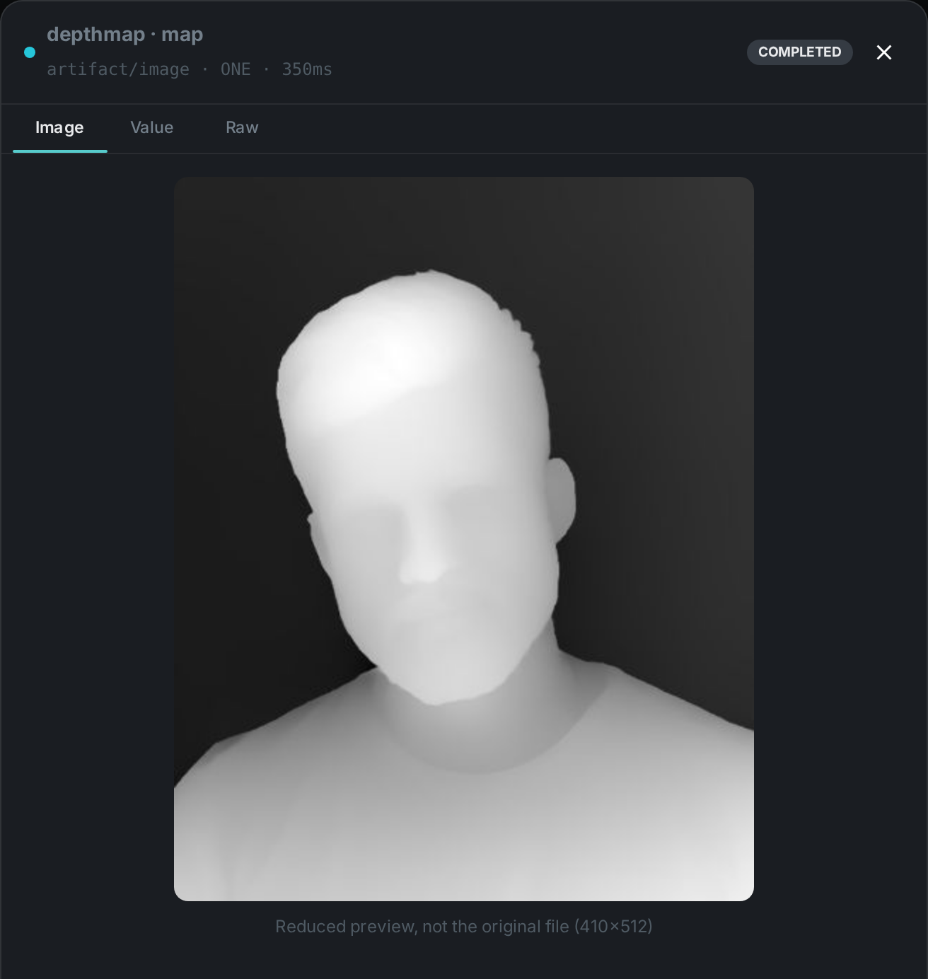 The depth map opened from the card - a 16-bit grayscale estimate of the portrait