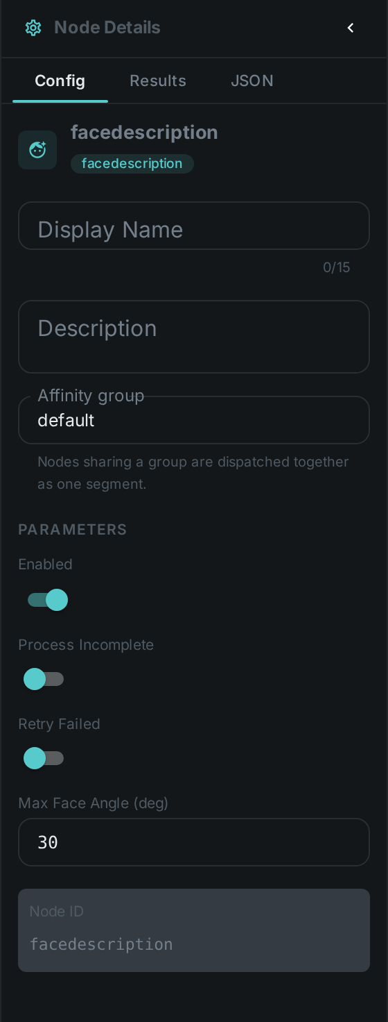 The Face Description settings panel: Max Face Angle (deg)