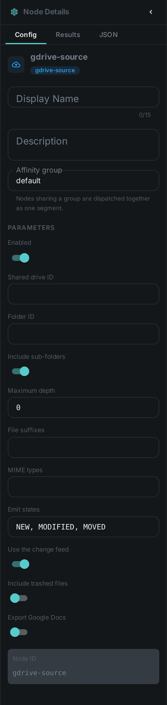 The Google Drive Source settings panel: Shared drive ID