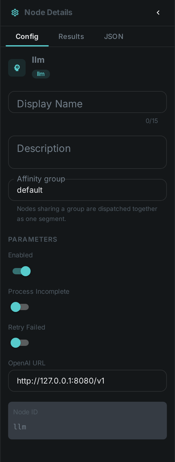 The LLM (Large Language Model) settings panel: OpenAI URL