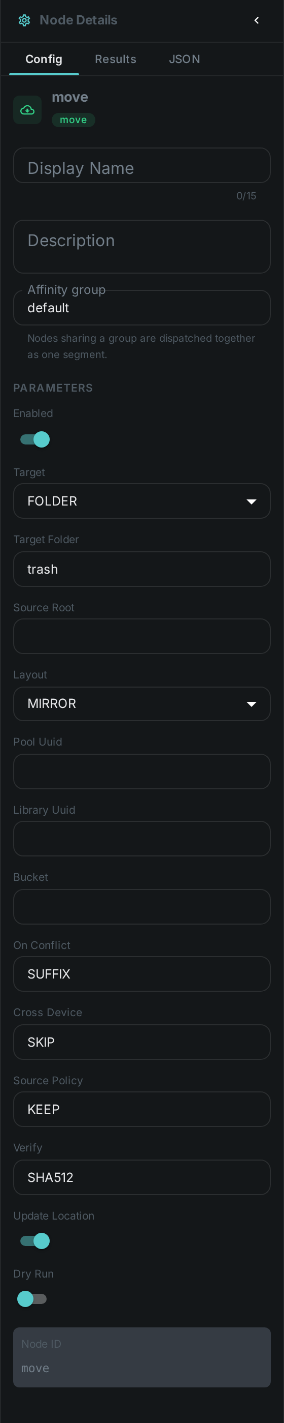 The Move settings panel: Target, Target Folder, Layout, On Conflict and 10 more settings