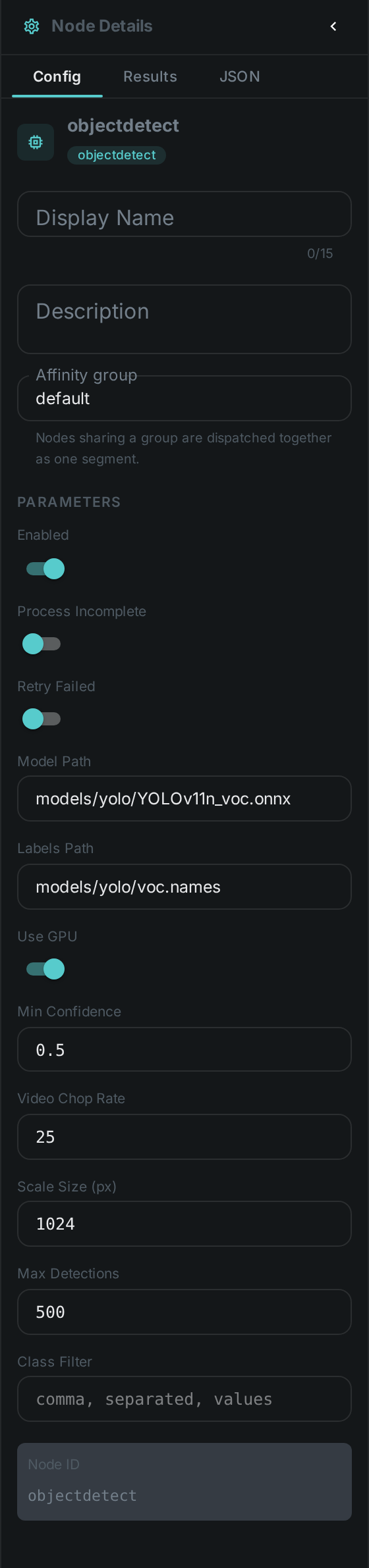 The Object Detection settings panel: Model Path