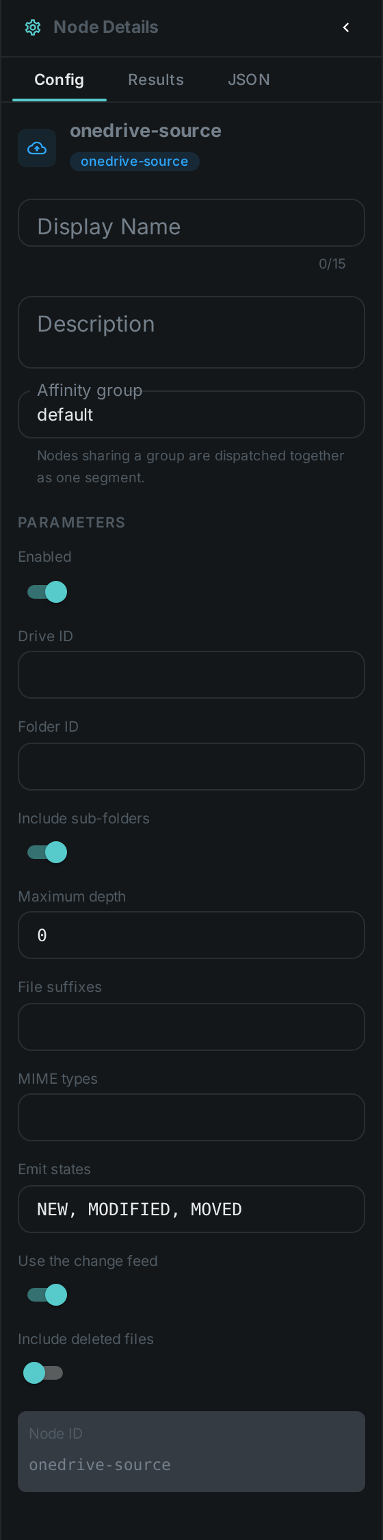 The OneDrive Source settings panel: Drive ID