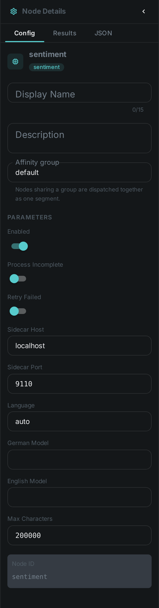 The Sentiment Analysis settings panel: Sidecar Host