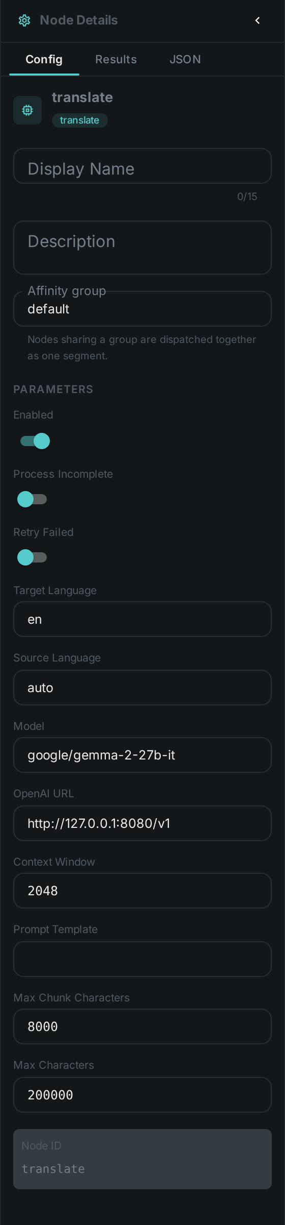 The Translate settings panel: Target Language