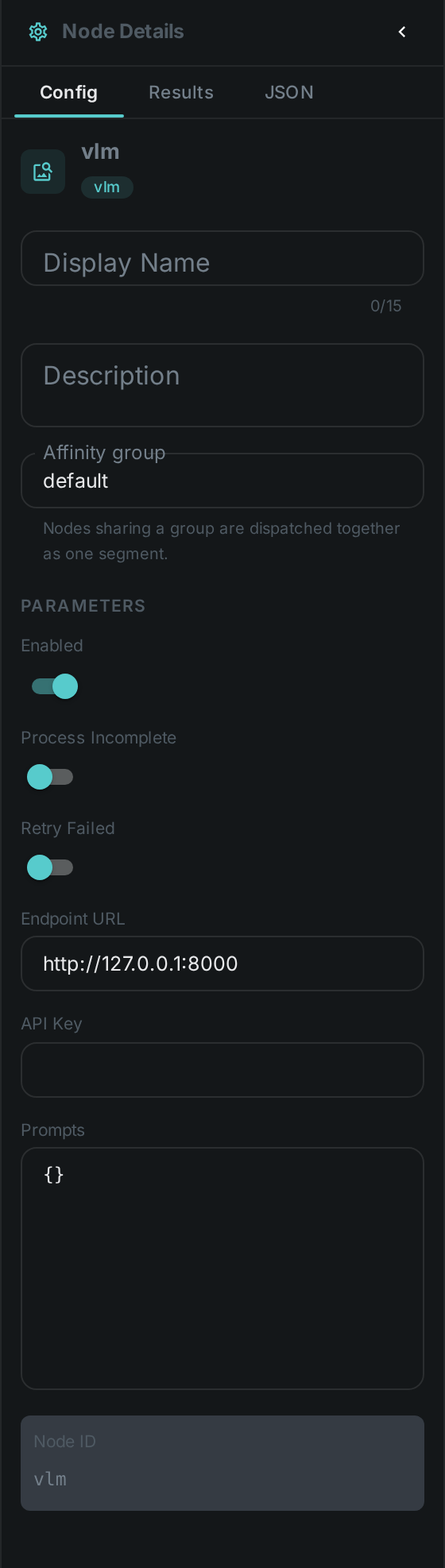 The VLM (Vision-Language Model) settings panel: Endpoint URL