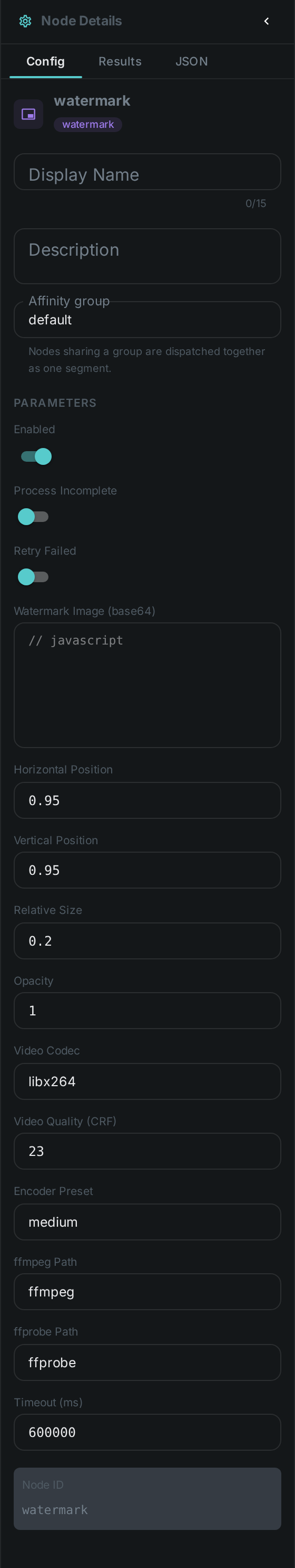 The Watermark settings panel: Watermark Image (base64)