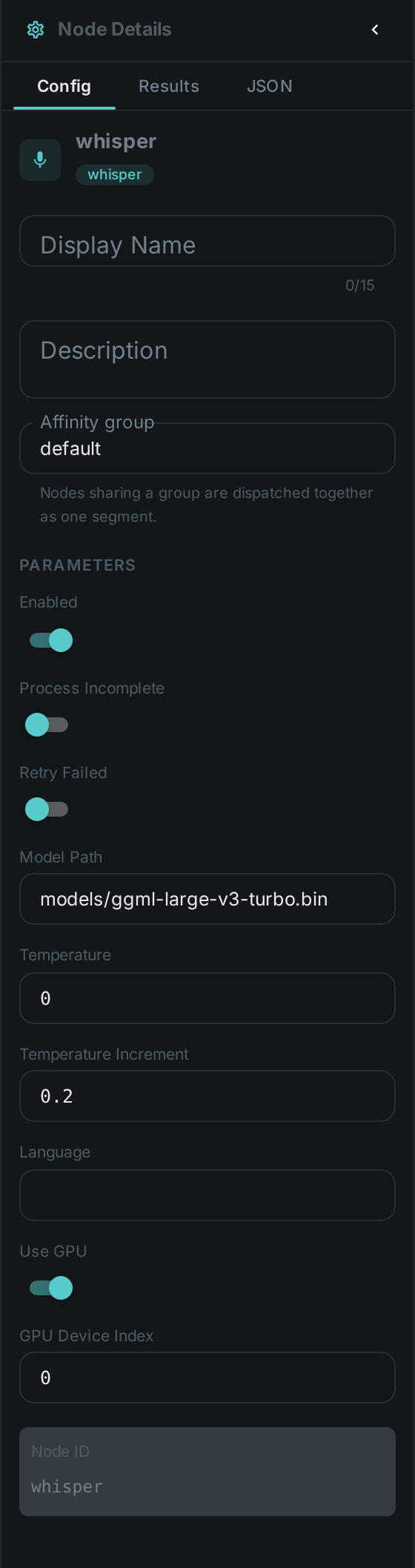 The Whisper (Speech-to-Text) settings panel: Model Path