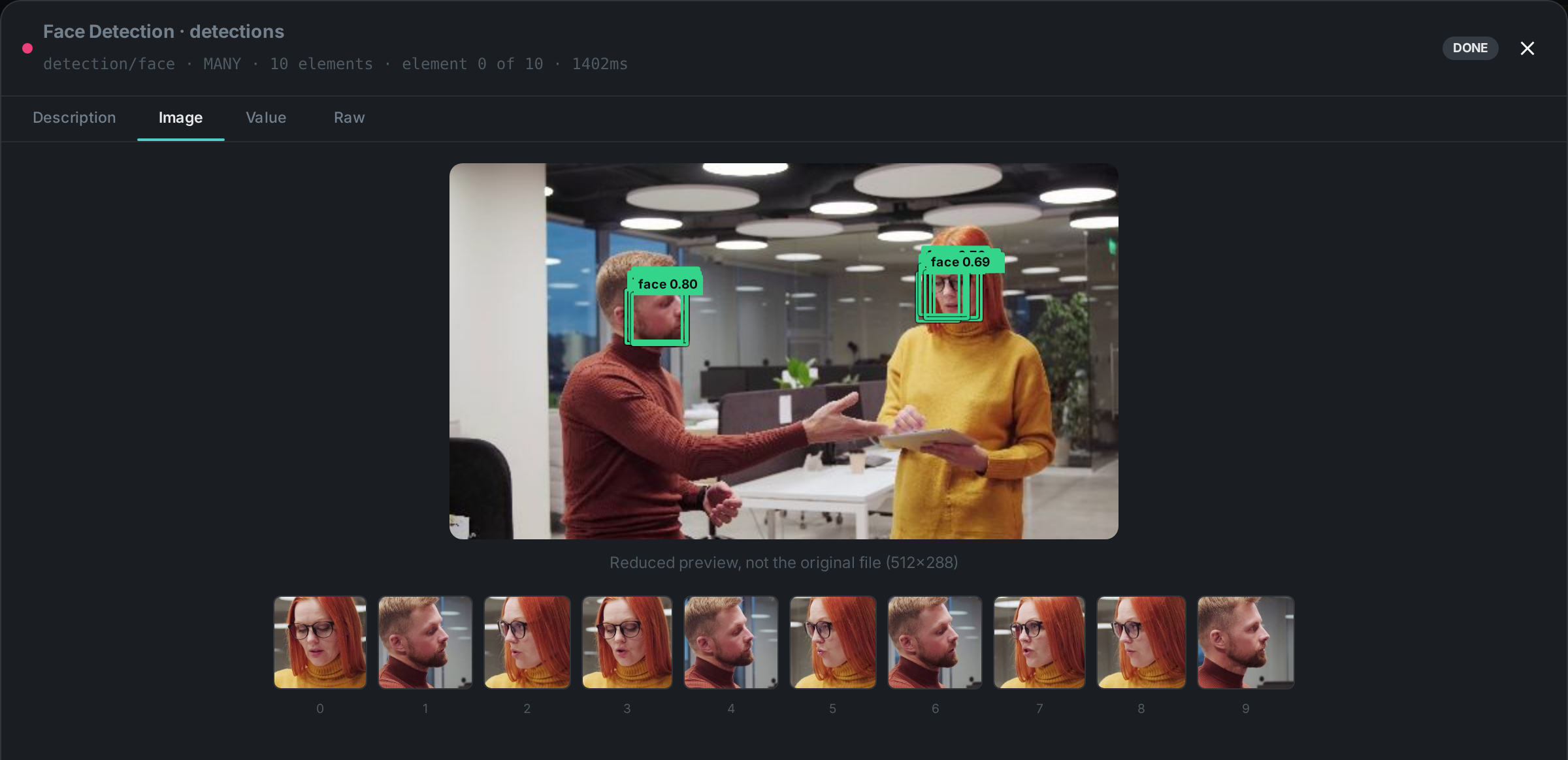 Face detections drawn over the frame they were measured on