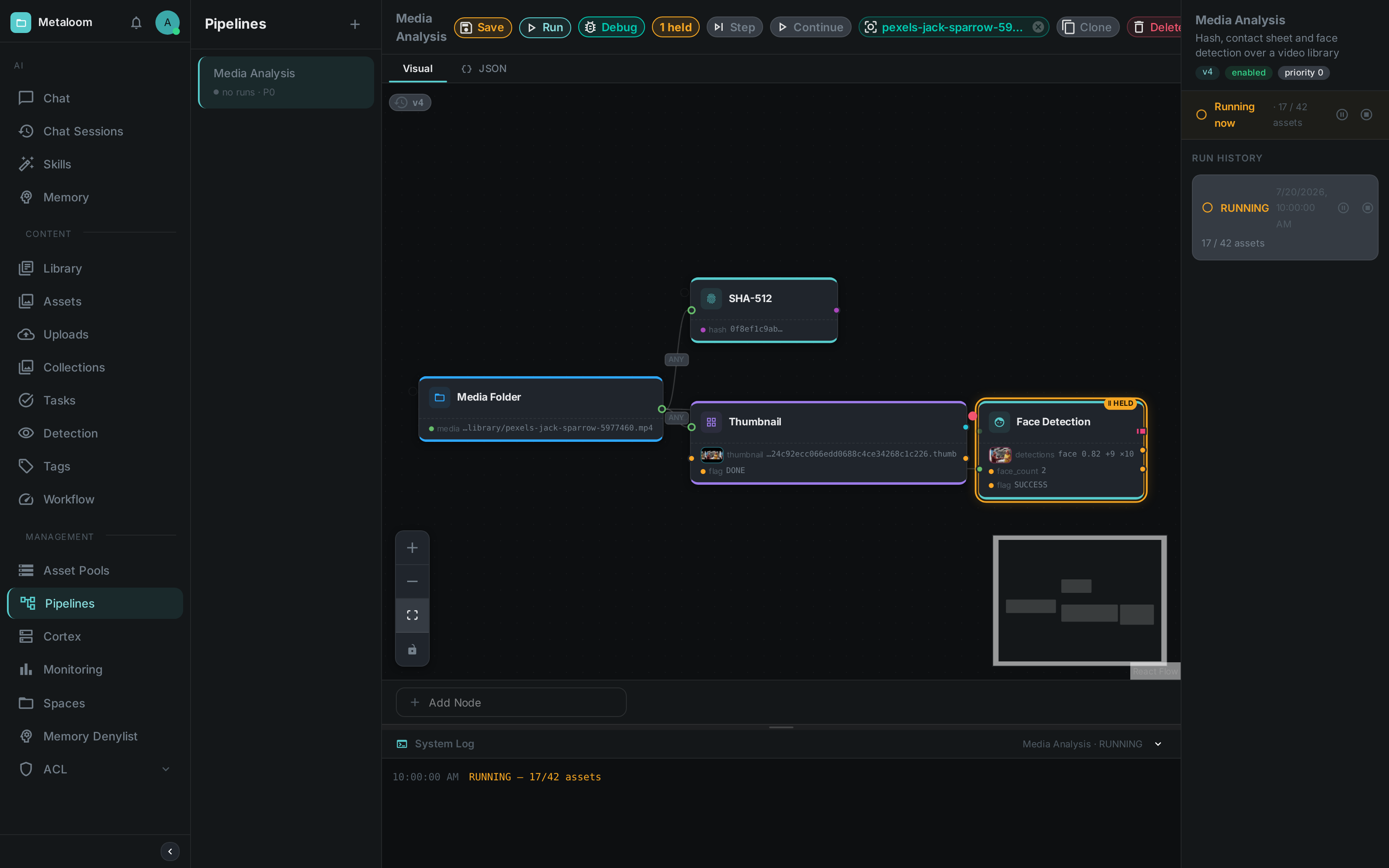 The pipeline editor in debug mode with a run halted at the face detection node