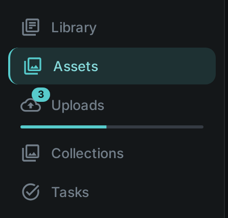 The Uploads navigation entry showing a badge of three active uploads and a progress bar while another screen is open