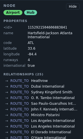 The inspector showing a selected airport node with its Airport and Hub labels
